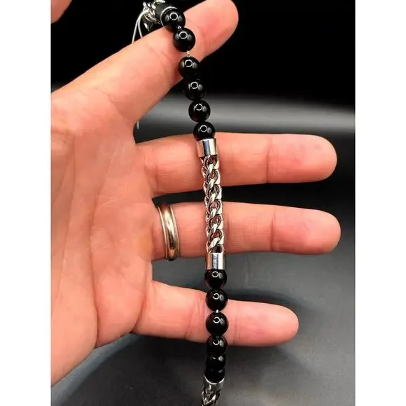 Blackjack BJB220NX Mens Genuine Onyx Bead & Stainless Steel Franco Bracelet NWT